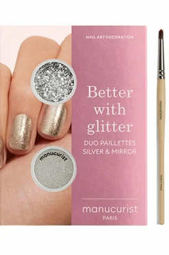 Online Kit duo de poudre à effet et paillettes + son pinceau applicateur paillettes Silver edition Accessoires Ongles|Vernis À Ongles